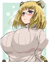 Rule 34 | 1girl, animal ears, arms behind back, blonde hair, blue eyes, blush, breasts, eyebrows, glasses, highres, huge breasts, light smile, nomiya37564, original, ribbed sweater, short hair, solo, sweater, tail, thick eyebrows, tiger ears, tiger tail, turtleneck