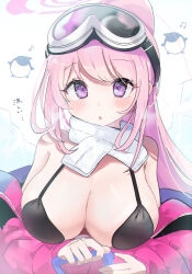 Rule 34 | 1girl, absurdres, bikini, black bikini, blue archive, blush, breasts, cleavage, commentary request, eimi (blue archive), eimi (swimsuit) (blue archive), eyewear on head, goggles, halo, highres, jacket, large breasts, long hair, long sleeves, looking at viewer, off shoulder, official alternate costume, open mouth, pink halo, pink jacket, ponytail, purple eyes, scarf, sk39z, ski goggles, solo, swimsuit, translated, white scarf