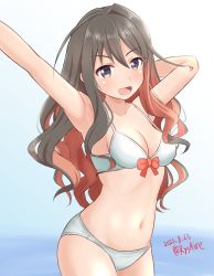 Rule 34 | 1girl, ame-san, arm up, armpits, bikini, black hair, blue eyes, breasts, cleavage, commentary request, cowboy shot, dated, hair down, highres, kantai collection, long hair, looking at viewer, medium breasts, multicolored hair, naganami (kancolle), one-hour drawing challenge, open mouth, pink hair, smile, solo, swimsuit, twitter username, white bikini
