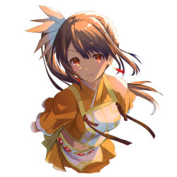 Rule 34 | 1girl, arms at sides, backlighting, belt, breasts, brown hair, closed mouth, crop top, cropped torso, dot nose, earrings, floating hair, flower, hair flower, hair ornament, highres, jewelry, light smile, lips, looking at viewer, looking up, magia record: mahou shoujo madoka magica gaiden, mahou shoujo madoka magica, medium breasts, midriff, navel, orange eyes, orange flower, sasagi koushi, shaded face, side ponytail, simple background, solo, soul gem, straight hair, swept bangs, upper body, v-shaped eyebrows, white background, wide sleeves, yui tsuruno