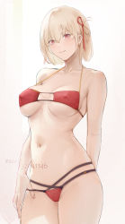 Rule 34 | 1girl, arm behind back, bikini, blonde hair, breasts, closed mouth, covered erect nipples, earrings, hair ribbon, highres, jewelry, light smile, lycoris recoil, medium breasts, navel, nishikigi chisato, one side up, pixiv id, red bikini, red eyes, red ribbon, resolution mismatch, ribbon, rifu (643763873), short hair, simple background, skindentation, smile, solo, source smaller, stomach, strap gap, strap pull, swimsuit, underboob, white background