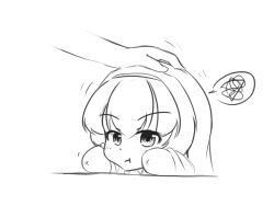 Rule 34 | 1girl, :t, amputee, hairband, hand on head, headpat, mikey sukairain, monochrome, pout, simple background, sketch, solo focus, spoken squiggle, squiggle, white background