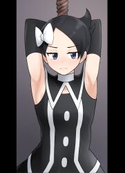 Rule 34 | 1girl, armpits, arms behind head, black dress, blue eyes, bound, bow, buttons, chenpanjii, closed mouth, commentary request, creatures (company), detached sleeves, dress, eyelashes, game freak, grey background, hair bow, highres, marley (pokemon), nintendo, pillarboxed, pokemon, pokemon dppt, rope, sleeveless, sleeveless dress, solo, tied up (nonsexual), white bow