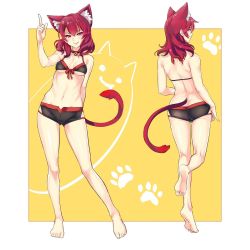 Rule 34 | 1girl, animal ears, ass, bad id, bad twitter id, bare shoulders, boots, breasts, butt crack, cat ears, cat girl, cat tail, collar, covered erect nipples, front-tie top, highres, navel, original, paw print, red eyes, red hair, robot cat (robotcatart), short shorts, shorts, small breasts, solo, tail