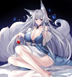 Rule 34 | 1girl, animal ear fluff, animal ears, azur lane, bare shoulders, blue butterfly, blue dress, blue eyes, breasts, bug, butterfly, cleavage, dress, drunk, feather boa, fox ears, fox girl, grey hair, hair ornament, highres, huge breasts, insect, kitsune, long hair, looking at viewer, multiple tails, shinano (azur lane), shinano (dreams of the hazy moon) (azur lane), solo, strap slip, tail, very long hair, yan lie