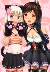 Rule 34 | 10s, 2girls, animal hands, black gloves, blonde hair, blue eyes, brown eyes, brown hair, cat paws, cat tail, claw pose, collar, corset, costume, elbow gloves, flower, garter straps, gloves, hair flower, hair ornament, i-401 (kancolle), kantai collection, long hair, looking at viewer, midriff, multiple girls, navel, one-piece tan, ponytail, ro-500 (kancolle), shiden (sashimi no wife), skirt, tail, tan, tanline, thighhighs