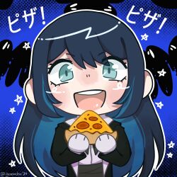 Rule 34 | 1girl, ado (utaite), black coat, blue background, blue eyes, blue hair, chando (ado), chibi, chicago deep dish pizza, cloud nine inc, coat, colored inner hair, commentary, english commentary, food, gloves, hair between eyes, highres, holding, holding food, holding pizza, iguanodoo, long hair, long sleeves, looking at viewer, multicolored hair, open mouth, pizza, smile, solo, star (symbol), straight-on, teeth, translated, twitter username, upper body, upper teeth only, white gloves, wish (ado)