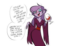 Rule 34 | 1girl, breasts, dress, drunk, eyebrows, closed eyes, herny, long hair, monster, monster girl, open mouth, purple hair, scooby-doo, scooby-doo and the ghoul school, sibella, simple background, solo, text focus, vampire, white background