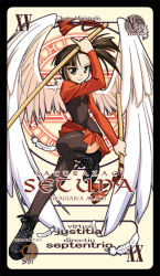 Rule 34 | 00s, 1girl, angel wings, card, card (medium), character name, mahou sensei negima!, nino (ninouchi irazu), pactio, sakurazaki setsuna, side ponytail, solo, sword, thighhighs, weapon, wings