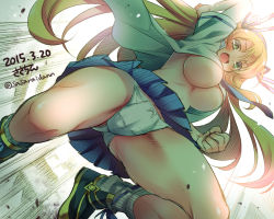 Rule 34 | 10s, 1girl, :d, armor, armored boots, blonde hair, blue ribbon, blue skirt, boots, breasts, clenched hands, dated, floating hair, from below, gluteal fold, green eyes, hair ornament, hair ribbon, hairband, katsuragi (senran kagura), large breasts, long hair, looking at viewer, looking down, navel, no bra, open clothes, open mouth, open shirt, panties, pantyshot, pleated skirt, ribbon, sasachin (k+w), senran kagura, shirt, short sleeves, skirt, smile, solo, stomach, twitter username, underboob, underwear, white panties, white shirt