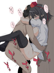 Rule 34 | 1boy, 1girl, against wall, black hair, black thighhighs, blush, breasts, breasts out, closed eyes, clothed female nude male, clothed sex, commentary, from side, fucked silly, hat, hetero, hug, kasuka, leg lock, medium breasts, moaning, motion lines, no panties, no pants, nude, pointy ears, profile, puffy short sleeves, puffy sleeves, sex, shameimaru aya, shirt, short hair, short sleeves, thighhighs, tokin hat, touhou, vaginal, white shirt