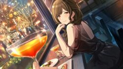 Rule 34 | 1boy, 1girl, ahoge, back cutout, black dress, blush, brown hair, clothing cutout, cocktail, cocktail glass, cup, dress, drinking glass, fingernails, food, holding, holding cup, idolmaster, idolmaster shiny colors, kuwayama chiyuki, looking at viewer, median furrow, nail polish, official art, people, pov, pov hands, producer (idolmaster), restaurant, salmon, shoulder blades, shoulder cutout, sitting, smile, solo focus, steak