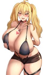 Rule 34 | 1girl, bikini, blonde hair, blush, borrowed character, breast hold, breasts, choker, cleavage, collar, covered erect nipples, curvy, grabbing, grabbing another&#039;s breast, grabbing own breast, highres, huge breasts, jewelry, long hair, looking at viewer, murasaki nami, naughty face, necklace, open mouth, original, panty straps, red eyes, saaya (kirome), short shorts, shorts, skin tight, smile, solo, swimsuit, thick thighs, thigh strap, thighs, thong, twintails, virtual youtuber