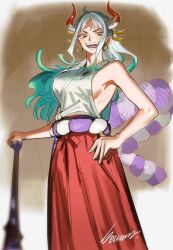 Rule 34 | 1girl, ahoge, aqua hair, curled horns, earrings, green hair, hair ornament, hakama, hand on own hip, highres, holding, holding weapon, horns, japanese clothes, jewelry, kimono, looking at viewer, multicolored hair, one piece, orange eyes, planted club, ponytail, red hakama, rope, shimenawa, sidelocks, sleeveless, sleeveless kimono, smile, souma (soumadian), weapon, white hair, white kimono, yamato (one piece)