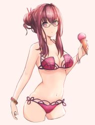 Rule 34 | 1girl, alternate hairstyle, bespectacled, bikini, bracelet, breasts, expressionless, fate/grand order, fate (series), flower, food, gae bolg (fate), glasses, hair flower, hair ornament, ice cream, jewelry, large breasts, leatzche, looking at viewer, navel, pink bikini, purple bikini, purple hair, red eyes, scathach (fate), scathach (fate), scathach (swimsuit assassin) (fate), simple background, swimsuit