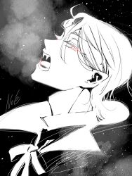Rule 34 | 1boy, ahoge, black background, blending, cape, character name, eyelashes, facing up, fangs, from side, greyscale, hair slicked back, high collar, highres, light particles, looking at viewer, male focus, mochizuki jun, monochrome, neck ribbon, noe archiviste, open mouth, pointy ears, portrait, profile, red eyes, ribbon, short hair, sideways glance, signature, solo, spot color, teeth, vampire, vanitas no carte