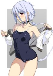 Rule 34 | 1girl, blue hair, blue one-piece swimsuit, collar, collarbone, escalation heroines, gin (ginshari), hair between eyes, highres, ikusabe inori, one-piece swimsuit, open clothes, opened by self, outside border, red eyes, school swimsuit, school uniform, short hair, simple background, solo, swimsuit, swimsuit under clothes, thighs