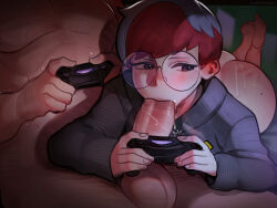 Rule 34 | 1girl, ass, blue hair, censored, controller, creatures (company), fellatio, fluffydango, freckles, game controller, game freak, glasses, grey eyes, hetero, highres, holding, holding controller, hood, hoodie, mosaic censoring, multicolored hair, nintendo, oral, penis, penny (pokemon), playing games, pokemon, pokemon sv, red hair, round eyewear, saliva, short hair, testicles, two-tone hair