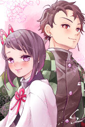 Rule 34 | 1boy, 1girl, alternate hair length, alternate hairstyle, bob cut, branch, brown hair, checkered clothes, cherry blossoms, cloak, closed mouth, demon slayer uniform, earrings, hanafuda earrings, haori, height difference, hetero, highres, inverted bob, japanese clothes, jewelry, kamado tanjirou, kimetsu no yaiba, light particles, long sleeves, looking at viewer, looking to the side, petals, pink background, pink lips, purple eyes, red eyes, scar, scar on face, scar on forehead, short hair, signature, sky blue 025250, swept bangs, tsuyuri kanao, upper body, white background, white cloak