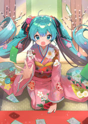 Rule 34 | 1girl, :o, black bow, blue eyes, blue hair, blush, bow, braid, card, card game, commentary, commentary request, floral print, hair between eyes, hair bow, hair ornament, hatsune miku, hatsune miku graphy collection, hayama eishi, japanese clothes, kagamine len, kagamine rin, kaito (vocaloid), kimono, long hair, long sleeves, looking at viewer, megurine luka, meiko (vocaloid), obi, official art, open mouth, outstretched arm, pink kimono, print kimono, sash, seiza, sitting, solo, striped, striped bow, tatami, twintails, very long hair, vocaloid, wide sleeves