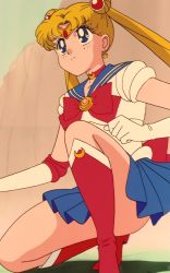 Rule 34 | 1girl, bishoujo senshi sailor moon, blonde hair, blue eyes, blue sailor collar, boots, bow, double bun, dress, elbow gloves, gloves, highres, knee boots, pleated skirt, red bow, red footwear, sailor collar, sailor dress, sailor moon, screencap, skirt, solo, squatting, tsukino usagi, twintails