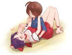 Rule 34 | 1boy, 1girl, :d, bare legs, barefoot, blue shirt, blue shorts, blush, bow, breasts, brown hair, choker, closed eyes, collarbone, collared shirt, couple, dress, dress shirt, fangs, full body, gegege no kitarou, hair bow, hands on another&#039;s shoulder, height difference, hetero, highres, kitarou, looking at another, lying, nekomusume, nekomusume (gegege no kitarou 6), on back, open mouth, pinafore dress, purple hair, red bow, red dress, shirt, short dress, short hair, short shorts, short sleeves, shorts, silanduqiaocui, sitting, sleeveless, sleeveless dress, small breasts, smile, white shirt, wing collar