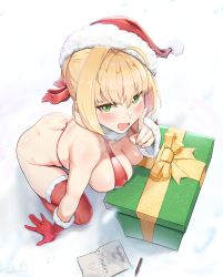 Rule 34 | 1girl, :d, absurdres, ahoge, blonde hair, blush, bottomless, box, breast press, breasts, christmas, commentary request, fate/extra, fate/grand order, fate (series), from above, full body, gift, gift box, gloves, green eyes, hair ribbon, hat, highres, kneeling, large breasts, looking at viewer, nero claudius (fate), nero claudius (fate) (all), nero claudius (fate/extra), open mouth, padoruu, pen, red gloves, red hat, red ribbon, red thighhighs, ribbon, santa hat, short hair, signature, single glove, smile, solo, steam, thighhighs