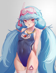 Rule 34 | 1girl, absurdres, arms behind back, bare shoulders, blue hair, breasts, covered navel, diving mask, diving mask on head, facial tattoo, goggles, goggles on head, guardian tales, highres, leg tattoo, little android aa72, long hair, looking at viewer, medium breasts, one-piece swimsuit, open mouth, pink eyes, simple background, skin tight, sleeveless, sliverdog, solo, swimsuit, tattoo, thighhighs, thighs, wet, wet clothes