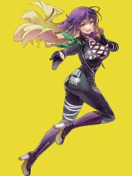 Rule 34 | 1girl, bodysuit, boots, breasts, cleavage, commentary request, cross-laced clothes, gloves, gradient hair, high heel boots, high heels, highres, hijiri byakuren, large breasts, long hair, looking at viewer, multicolored hair, purple hair, second-party source, simple background, smile, solo, syuri22, touhou, turbo byakuren, yellow background
