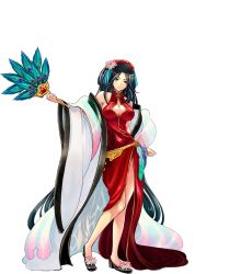 Rule 34 | 1girl, bare shoulders, black hair, breasts, china dress, chinese clothes, cleavage, cleavage cutout, clothing cutout, detached collar, dress, hand fan, feathers, feet, folding fan, full body, highres, holding, large breasts, legs, len (sennen sensou aigis), long hair, looking at viewer, red dress, red eyes, sandals, sennen sensou aigis, serious, solo, standing, thighs, transparent background, very long hair, white background, wide sleeves