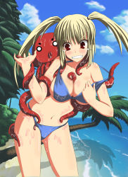 Rule 34 | 1girl, absurdres, angry, beach, between breasts, bikini, blonde hair, blue bikini, breasts, day, highres, kokuyouseki, large breasts, long hair, navel, octopus, original, outdoors, palm tree, solo, standing, swimsuit, tentacles, tentacles between breasts, tree, twintails