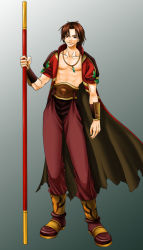 Rule 34 | 1boy, brown hair, jewelry, kilik (soulcalibur), male focus, namco, necklace, simple background, solo, soul calibur, soulcalibur, soulcalibur ii, staff, wrong direction