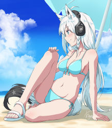 Rule 34 | 1girl, absurdres, ahoge, animal ear fluff, animal ears, aqua bikini, aqua eyes, arm support, artist name, asanaya, bare arms, bare shoulders, beach, beach umbrella, bikini, blue sky, breasts, cleavage, closed mouth, cloud, collarbone, commentary, day, fox ears, fox girl, fox tail, from side, front-tie bikini top, front-tie top, full body, headphones, highres, hololive, knee up, long hair, looking to the side, low ponytail, medium breasts, navel, ocean, outdoors, sand, sandals, shirakami fubuki, side-tie bikini bottom, sidelocks, signature, sitting, sky, smile, solo, stomach, sunlight, swimsuit, tail, toes, umbrella, virtual youtuber, water, white footwear, white hair