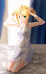 Rule 34 | 1girl, absurdres, ahoge, aiovia, alternate costume, artoria pendragon (all), artoria pendragon (fate), blonde hair, blurry, chemise, depth of field, dress, fate/stay night, fate (series), green eyes, highres, kneeling, saber (fate), short twintails, sidelocks, solo, twintails, unbuttoned
