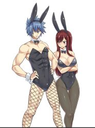 Rule 34 | 1boy, 1girl, abs, blue hair, blush, breasts, brown eyes, cleavage, crossed arms, erza scarlet, fairy tail, hands on own hips, highres, jellal fernandes, large breasts, muscular, muscular male, rabbit, rabbit ears, rabbit tail, red hair, tattoo, thick thighs, thighhighs, thighs, wide hips