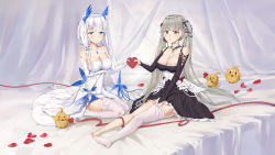 Rule 34 | 2girls, arm under breasts, azur lane, between breasts, black dress, blue eyes, blue gemstone, breasts, cleavage, cocktail dress, dress, elbow gloves, evening gown, feather dress, feather hair ornament, feathers, formidable (azur lane), full body, gem, gloves, grey hair, hair ornament, hair wings, head wings, heart, highres, holding, holding heart, illustrious (azur lane), illustrious (illustrious ball) (azur lane), large breasts, long hair, looking at viewer, manjuu (azur lane), multiple girls, necktie, necktie between breasts, official alternate costume, red eyes, red ribbon, ribbon, strapless, strapless dress, thighhighs, twintails, very long hair, white dress, white gloves, white hair, white thighhighs, wings, yiyuanshierhui