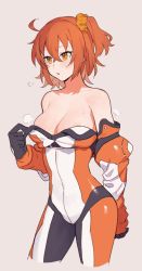 Rule 34 | 1girl, ahoge, areola slip, bad id, bad twitter id, bare shoulders, black gloves, bodysuit, breasts, cleavage, contrapposto, cowboy shot, cropped legs, fate/grand order, fate (series), fujimaru ritsuka (female), fujimaru ritsuka (female) (chaldea combat uniform), gloves, hair between eyes, hair ornament, hair scrunchie, highres, large breasts, official alternate costume, one side up, orange eyes, orange hair, parted lips, scrunchie, simple background, skin tight, solo, standing, undressing, yayata (884)