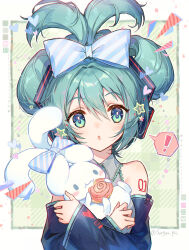 ! 1girl aqua_bow aqua_eyes aqua_hair aqua_necktie black_sleeves blue_bow blush bow cinnamiku cinnamon_roll cinnamoroll commentary creature detached_sleeves ear_bow eating folded_twintails fuwa_fuwa_cinnamoroll grey_shirt hair_bow hair_ornament hatsune_miku heart highres holding holding_creature long_hair looking_at_viewer necktie number_tattoo open_mouth sanrio shirt simple_background sleeveless sleeveless_shirt solo soriya sparkle star_(symbol) tattoo tied_ears twintails updo very_long_hair vocaloid