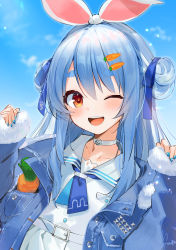 Rule 34 | 1girl, ;d, blue hair, blue jacket, blue nails, blue neckerchief, blue ribbon, blue sky, carrot hair ornament, choker, commentary request, day, double bun, food-themed hair ornament, gotou (nekocat), hair bun, hair ornament, hair ribbon, highres, hololive, jacket, long hair, looking at viewer, nail polish, neckerchief, official alternate costume, one eye closed, open clothes, open jacket, open mouth, red eyes, ribbon, sailor collar, shirt, short eyebrows, sky, sleeves past wrists, smile, solo, teeth, thick eyebrows, upper body, upper teeth only, usada pekora, usada pekora (casual), virtual youtuber, white choker, white sailor collar, white shirt