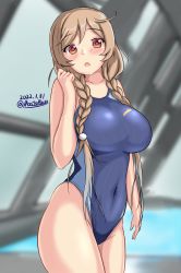 Rule 34 | 1girl, alternate breast size, blue one-piece swimsuit, blush, braid, breasts, brown eyes, cloud hair ornament, competition swimsuit, covered navel, cowboy shot, embarrassed, hair between eyes, highleg, highleg swimsuit, highres, indoors, kantai collection, large breasts, light brown hair, long hair, low twin braids, minegumo (kancolle), montemasa, one-hour drawing challenge, one-piece swimsuit, pool, rei no pool, swimsuit, twin braids, twitter username