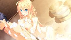 Rule 34 | 1boy, 1girl, bath, blonde hair, blue eyes, blush, breast hold, breast press, breasts, bubble, bucket, donuthouse, feet, furoura aruse noriumu neon, game cg, kneeling, large breasts, legs, long hair, mayachi (amuriya), mixed-sex bathing, navel, nipples, nude, open mouth, shared bathing, sitting, steam, sweat, thighs, toes, valkyrie runabout!