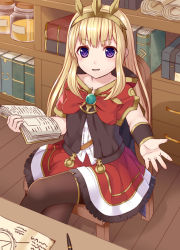 Rule 34 | 1girl, black pantyhose, book, cagliostro (granblue fantasy), commentary request, crossed legs, granblue fantasy, holding, light brown hair, long hair, looking at viewer, pantyhose, purple eyes, sitting, smile, solo, tiara, tukino neru, wooden floor