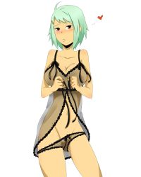 Rule 34 | 1girl, bare shoulders, blush, breasts, cleavage, fuu (naruto), green hair, hair ornament, hairclip, heart, highres, large breasts, lingerie, naruto (series), naruto shippuuden, navel, nin-in, nipples, orange eyes, panties, panty pull, pussy, see-through, simple background, solo, uncensored, underwear