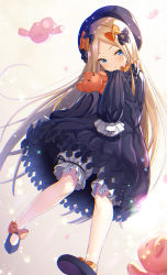 Rule 34 | 1girl, abigail williams (fate), black dress, blonde hair, bloomers, blue eyes, bow, chromatic aberration, commentary request, dress, fate/grand order, fate (series), footwear bow, hair bow, hat, highres, long hair, looking at viewer, multiple hair bows, shoes, sleeves past wrists, solo, stuffed animal, stuffed toy, teddy bear, underwear, very long hair, yano mitsuki (nanairo)