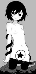Rule 34 | 1girl, akableak, blush, breasts, clothes pull, greyscale, highres, looking at viewer, monochrome, monogatari (series), navel, oshino ougi, owarimonogatari, pantyhose, pantyhose pull, parted lips, short hair, small breasts, solo, tentacles, topless