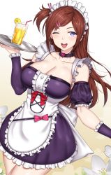 Rule 34 | 1girl, absurdres, apron, blush, borrowed character, bow, breasts, cleavage, collarbone, dress, flower, frills, gradient background, highres, holding, holding plate, large breasts, lemonade, lips, long hair, looking at viewer, maid, maid apron, maid headdress, open mouth, original, plate, ribbon, short sleeves, smile, solo, yakimi 27