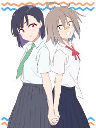 Rule 34 | 2girls, ahoge, bandaid, bandaid on cheek, bandaid on face, bandaid on nose, black hair, blue skirt, blush, closed mouth, collared shirt, colored inner hair, commentary, do it yourself!!, facing viewer, fang, feet out of frame, green necktie, grey hair, grey skirt, hair between eyes, head tilt, highres, holding hands, interlocked fingers, kisaragi hina, long bangs, long skirt, looking at another, multicolored hair, multiple girls, neck ribbon, necktie, open mouth, pleated skirt, purple hair, red eyes, red ribbon, ribbon, school uniform, shirt, shirt partially tucked in, shirt tucked in, short hair, short sleeves, simple background, skin fang, skirt, smile, standing, suride miku, white background, white shirt, yua serufu