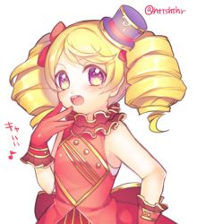 Rule 34 | 1girl, bad id, bad pixiv id, blonde hair, blush, drill hair, gloves, hat, hitohira (shiroringo48), luciko (otoca d&#039;or), luciko (otoca doll), multicolored eyes, musical note, otoca d&#039;or, purple eyes, purple hat, quaver, red gloves, red skirt, ruff, short hair, simple background, skirt, smile, solo, top hat, twin drills, twitter username, upper body, white background, yellow eyes