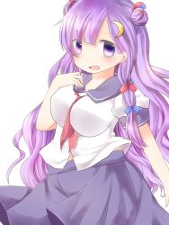 Rule 34 | 1girl, alternate costume, bad id, bad pixiv id, blush, bow, breasts, crescent, crescent hair ornament, female focus, hair bow, hair ornament, long hair, no headwear, open mouth, patchouli knowledge, purple eyes, purple hair, school uniform, serafuku, skirt, solo, touhou, y chan6262, yucchan (drizzle star)