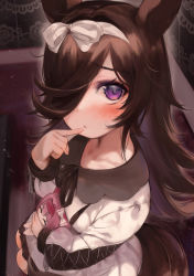 Rule 34 | 1girl, animal ears, black ribbon, blush, bow, breasts, brown hair, character doll, commentary request, doll, dress, finger to mouth, from above, hair over one eye, hairband, haru urara (umamusume), highres, holding, holding doll, horse ears, horse girl, horse tail, indoors, long hair, long sleeves, looking at viewer, parted lips, purple eyes, revision, ribbon, rice shower (umamusume), sitting, solo, tail, torriet, umamusume, white bow, white dress, white hairband
